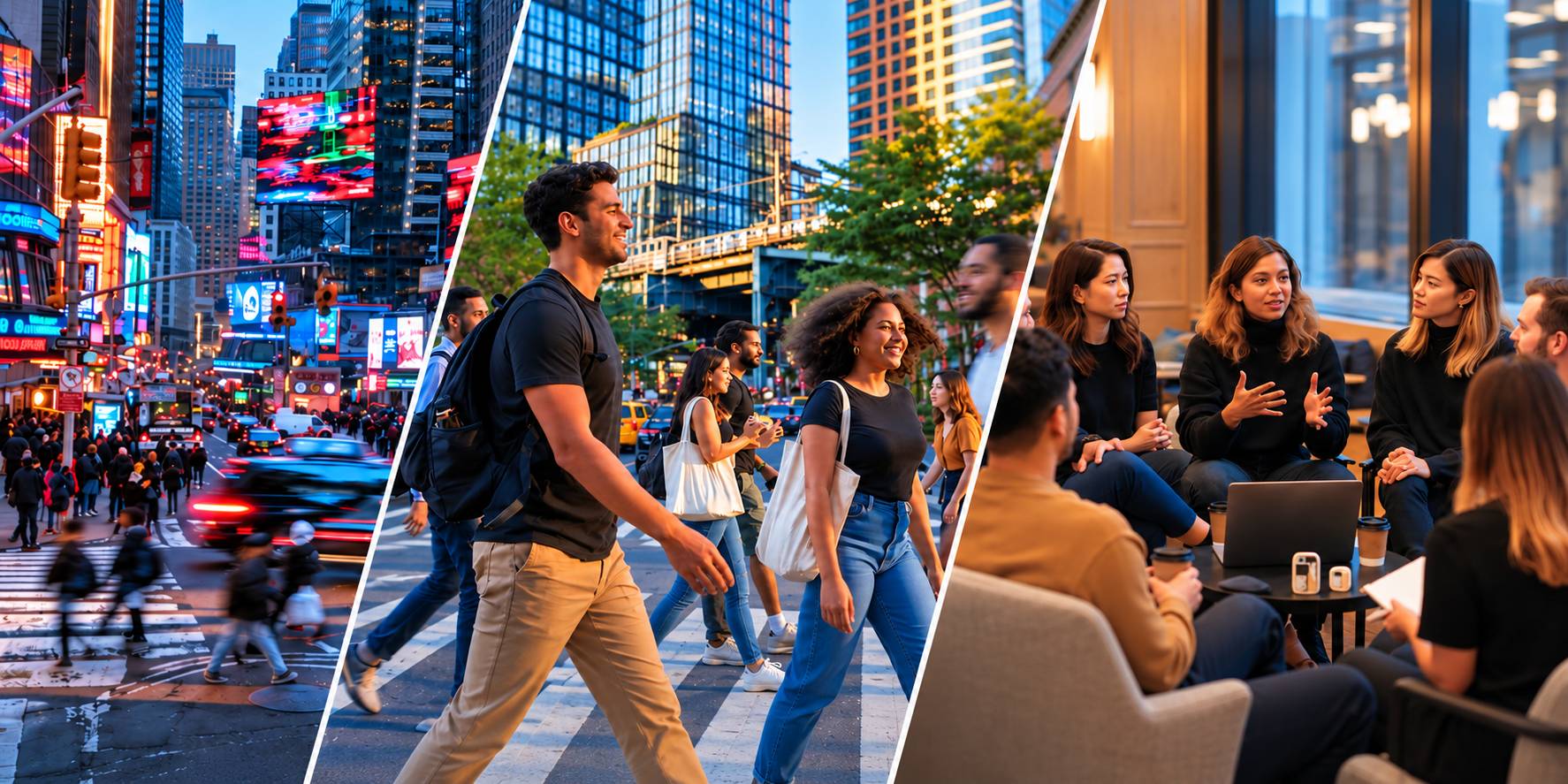 Illustrative three-panel collage of Times Square, a city street scene, and a small group in conversation.