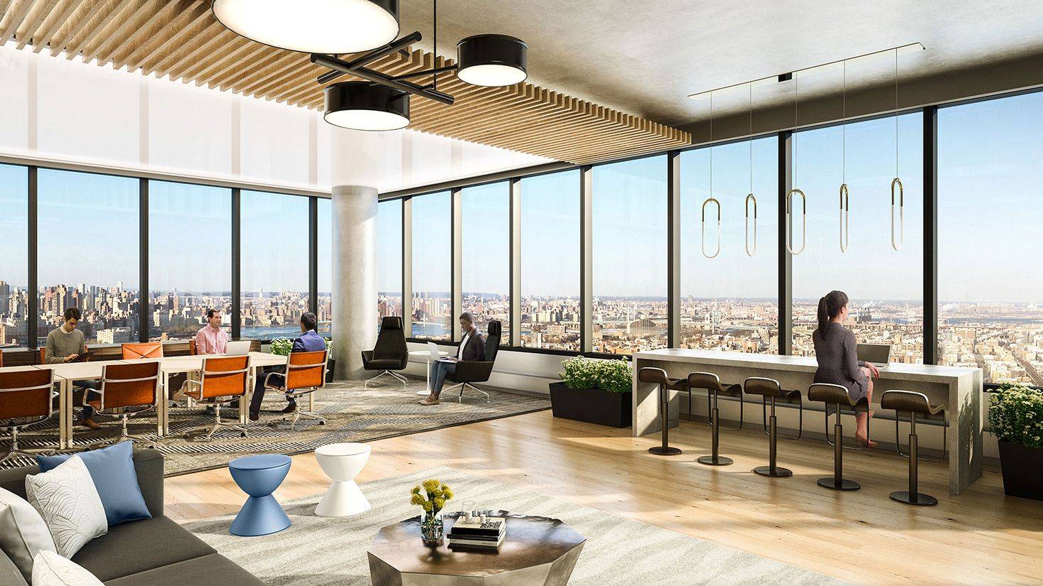 Architectural rendering of window-side seating at The JACX in Long Island City; venue preview, not a meetup photograph.