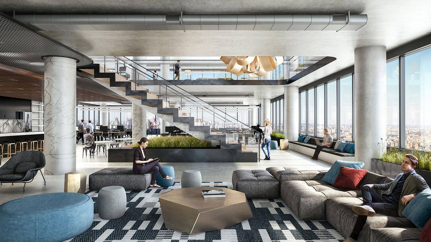 Architectural rendering of a lounge at The JACX in Long Island City; venue preview, not a meetup photograph.