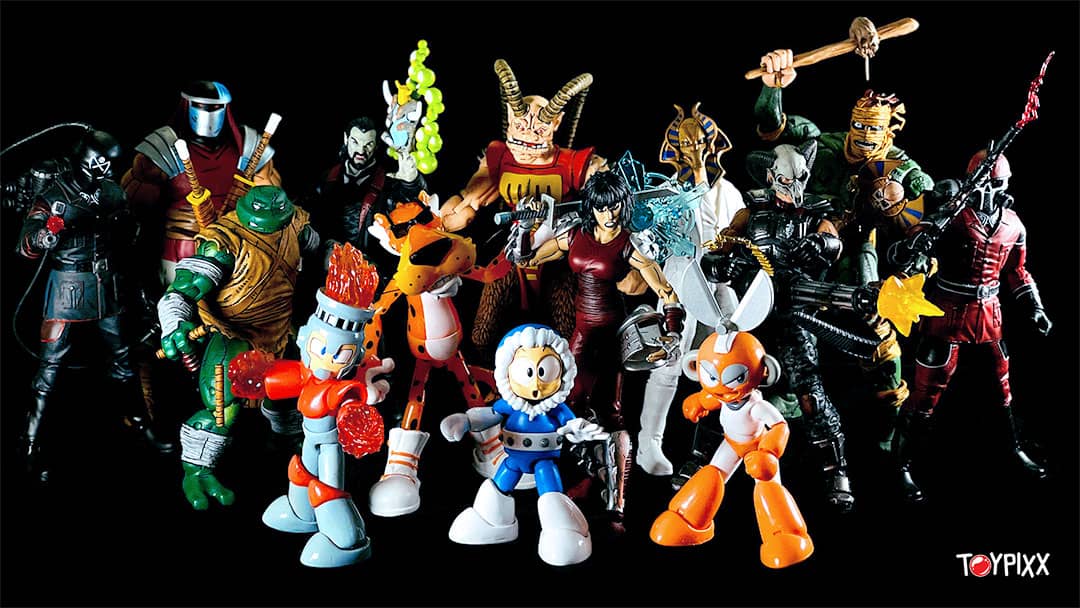 A lot of action figures against a black background