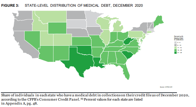 map of the United States showing how many individuals struggle with medical debt