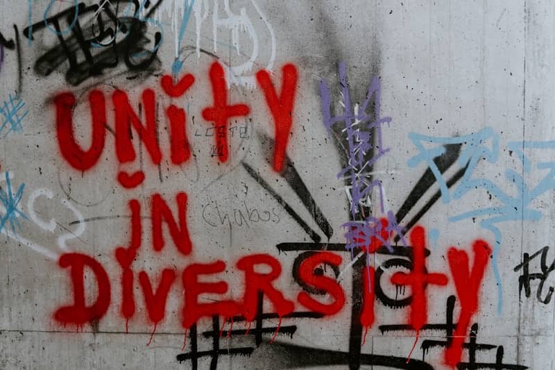 graffiti on a wall that says, unity in diversity