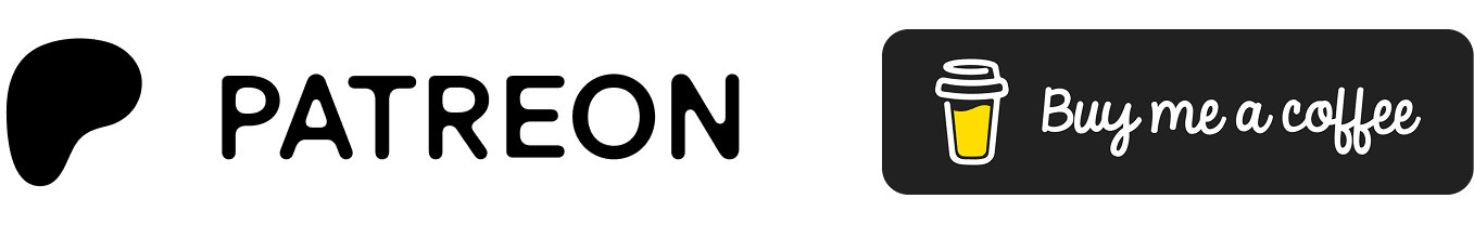Logos for two crowdfunding platforms. On the left, the Patreon logo with a stylized "P" and the word "PATREON" in black text. On the right, the "Buy Me a Coffee" logo, featuring a yellow coffee cup icon followed by the text "Buy me a coffee" in white on a black background.