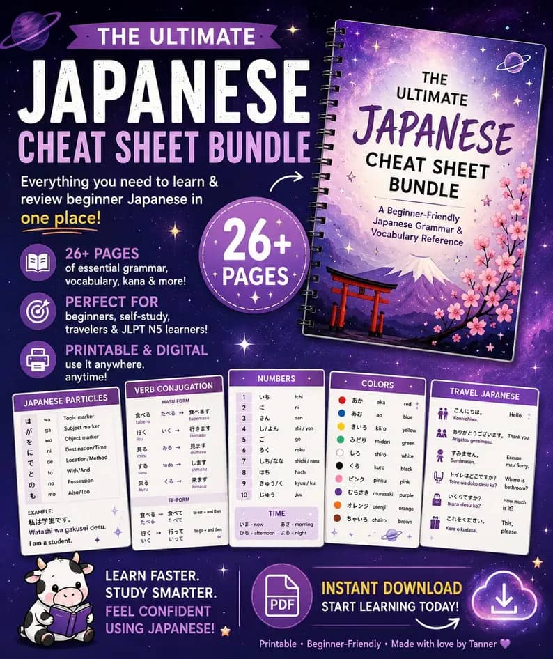 Japanese Grammar Cheat Sheet Bundle | JLPT N5 Beginner Grammar PDF | Adult Self Study Reference