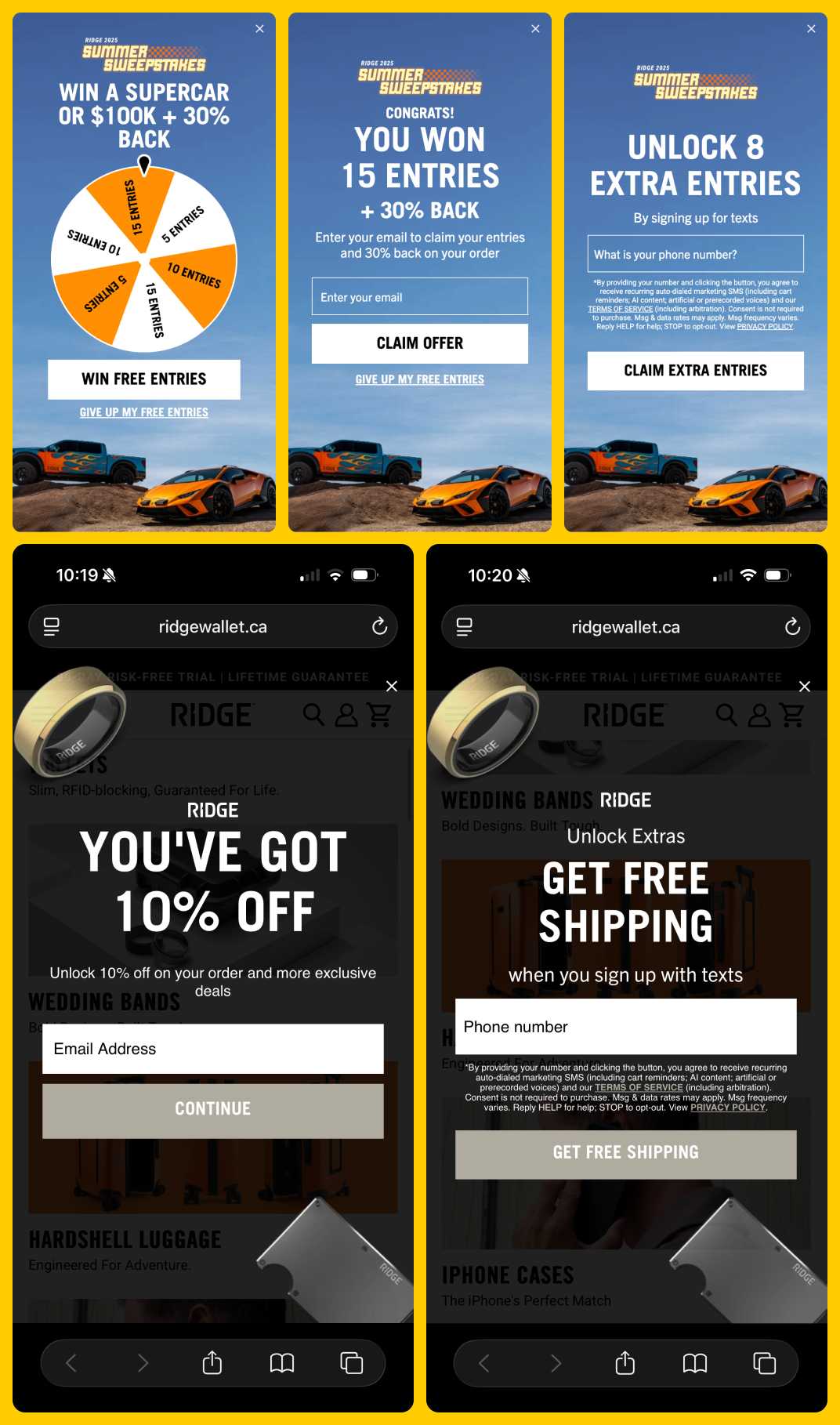 Ridge Popup Email and SMS via Postscript Sweepstakes and Evergreen