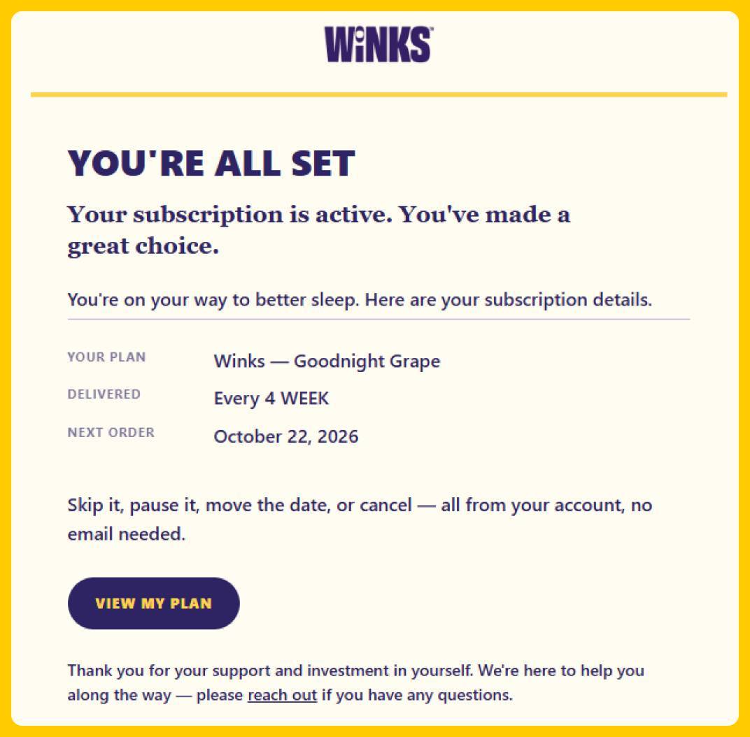 Winks Post-Purchase Email