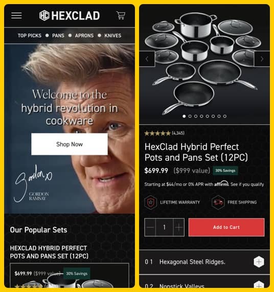 HexClad Shopify Homepage and Product