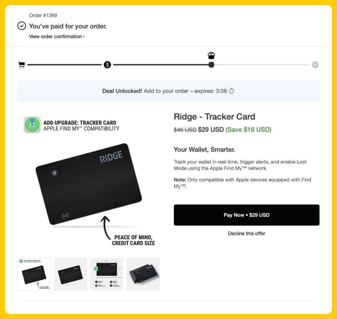 Ridge Wallet to Tracker Card Post-Purchase Upsell