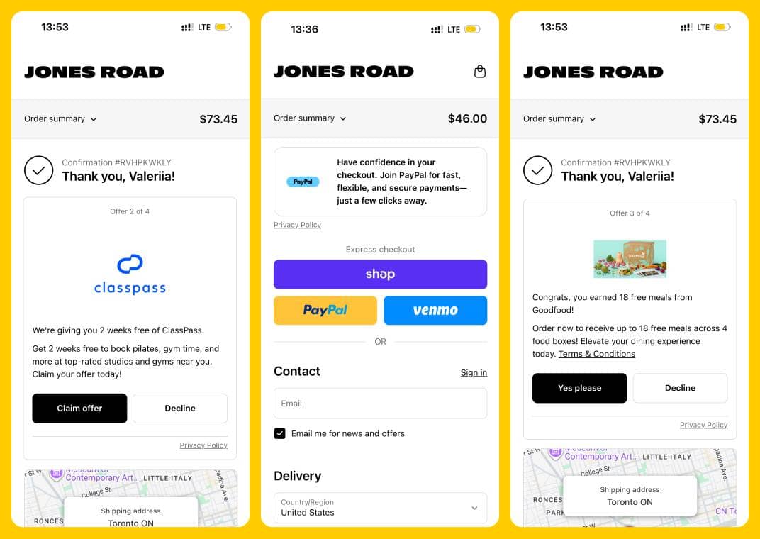Jones Road Example of Aftersell Post-Purchase and Rokt Pay+