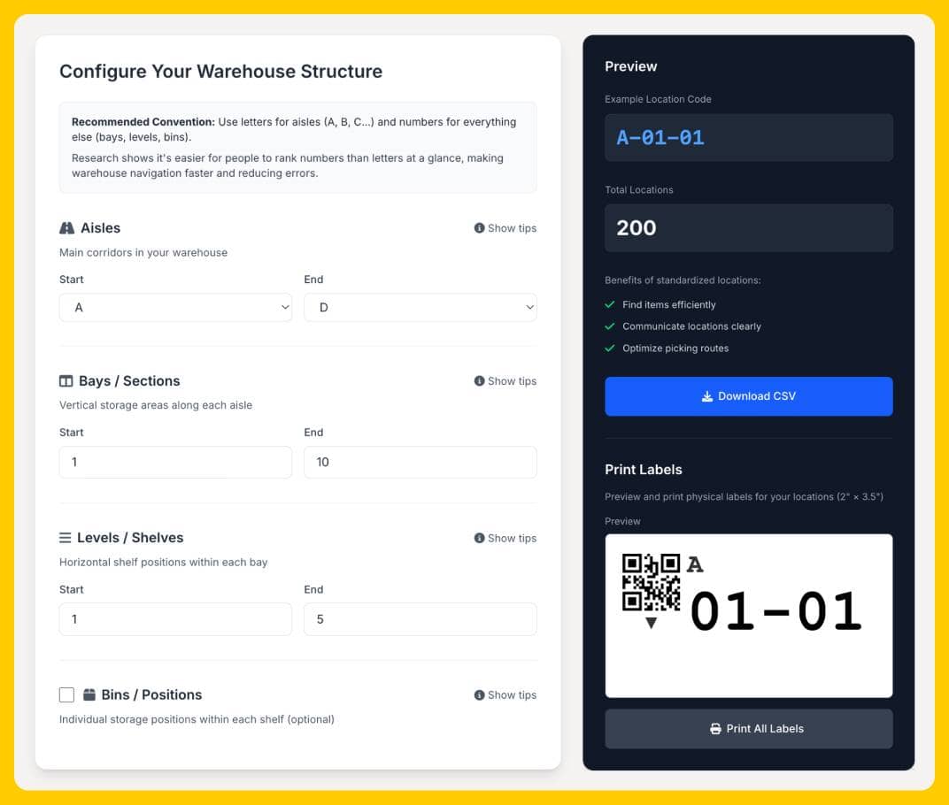 Warehouse Bin Location Label Generator