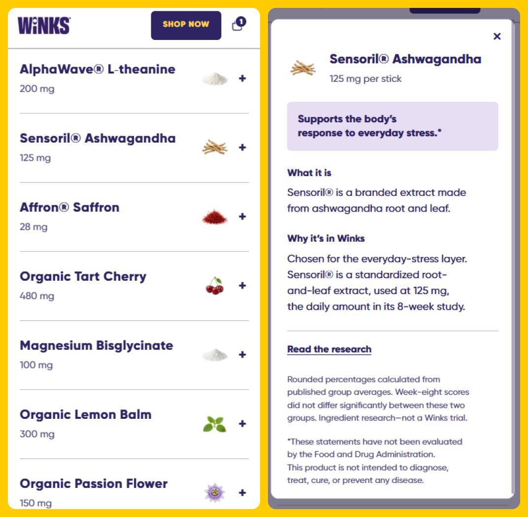 Winks Ingredients on Website
