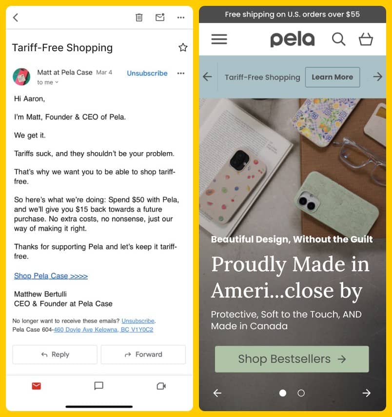 Tariff-Free Shopping Pela Case Email & Homepage