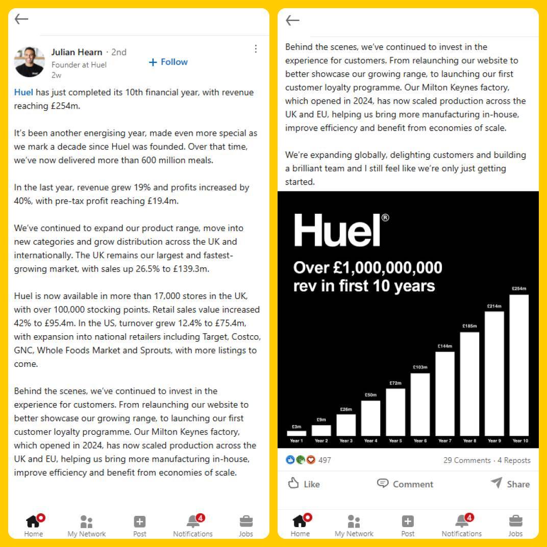 Julian Hearn LinkedIn Post About Huel