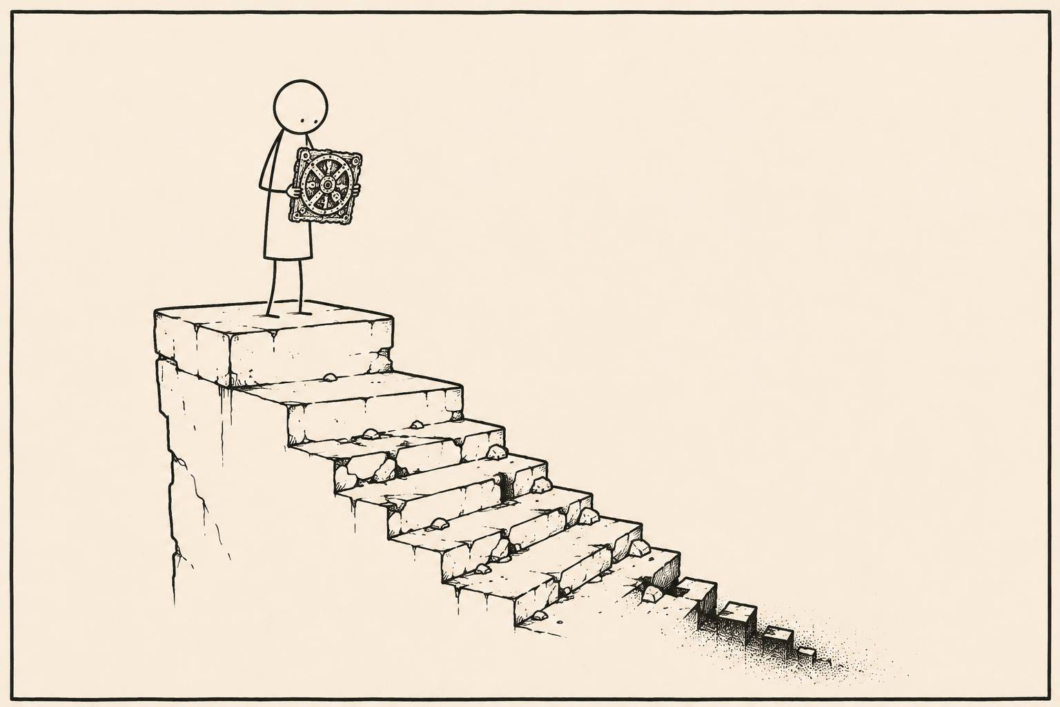 Viñeta a tinta: una figura en lo alto de una escalera de piedra que desciende y se desmorona en escombros hasta perderse, sosteniendo el mecanismo de engranajes.