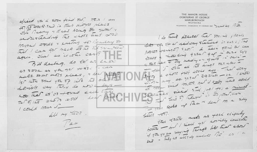 Carta manuscrita firmada por «Pam» sobre papel con membrete de The Manor House, Ogbourne St George, dirigida a «Bill darling» y cerrada con «All my love, Pam»; es uno de los papeles que los alemanes fotografiaron del maletín.