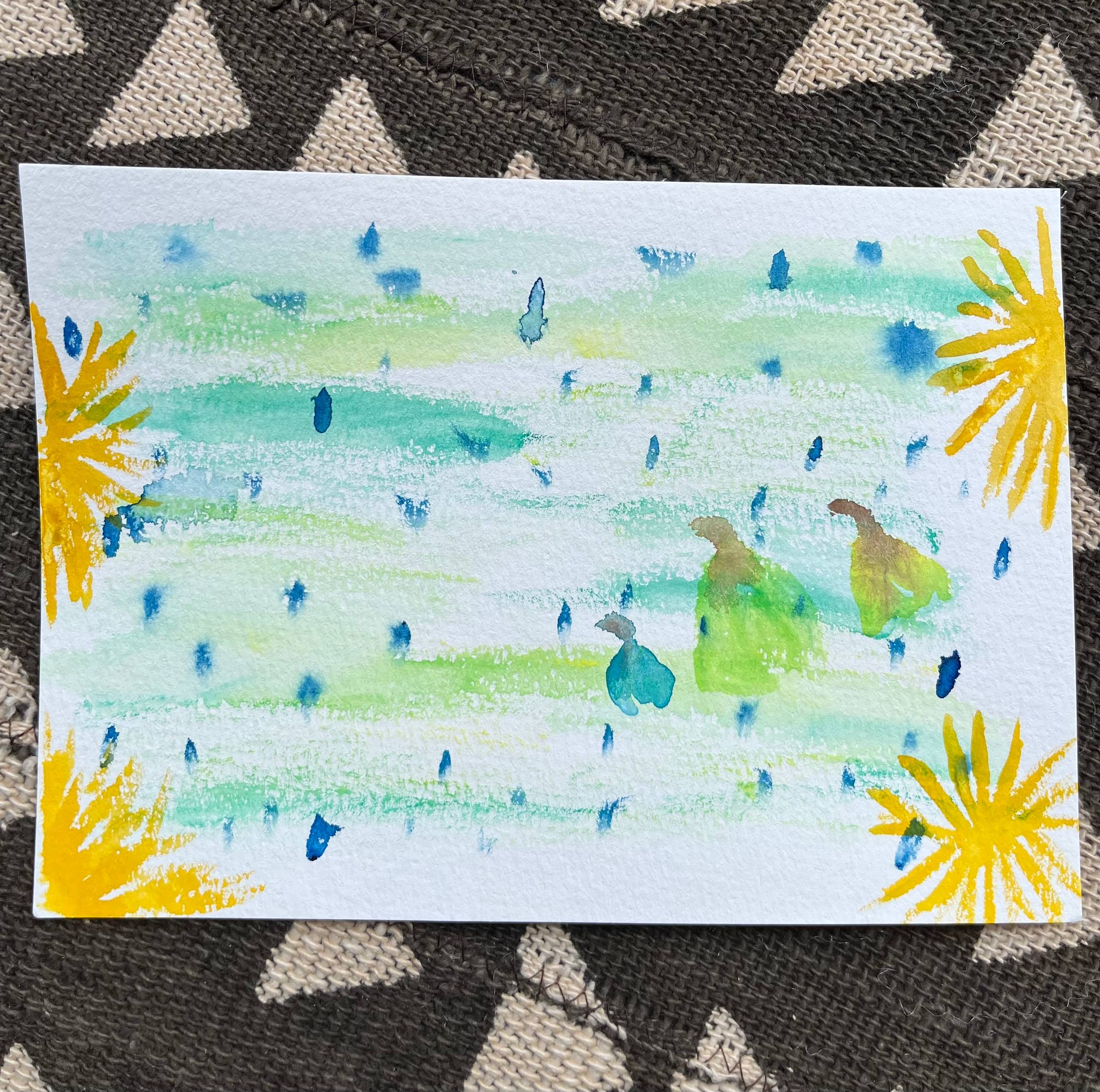 Abstract watercolor ‘Nature at Peace’ featuring blueberries, large yellow flowers on green wash, three ambiguous human-animal forms