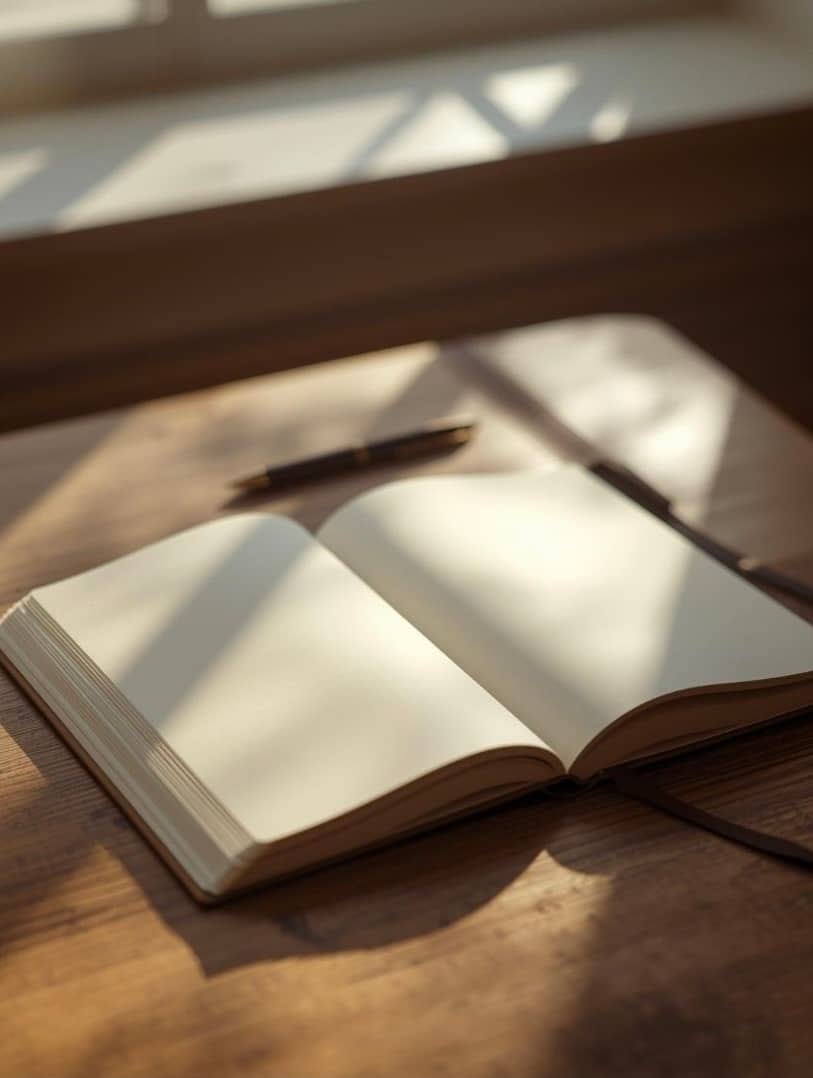  Open blank journal on wooden desk with pen resting above it, natural window light illuminating the page