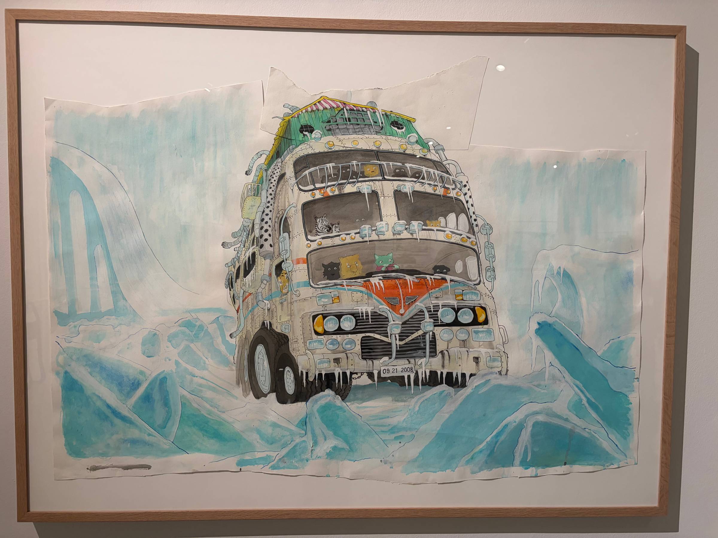 The Fantastic Bus in watercolor, acrylic, pencil and pen. Animal friends peer from the windshield in an icy landscape.