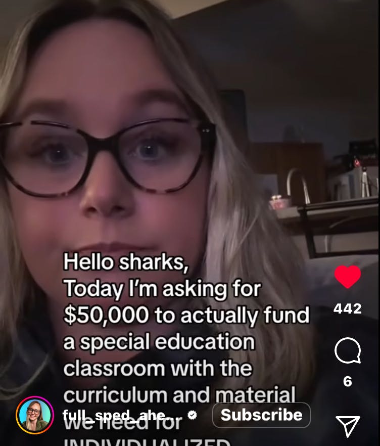 woman looking into camera with text on screen "Hello sharks, today I'm for $50,0000 to actually fund a special education classroom...""