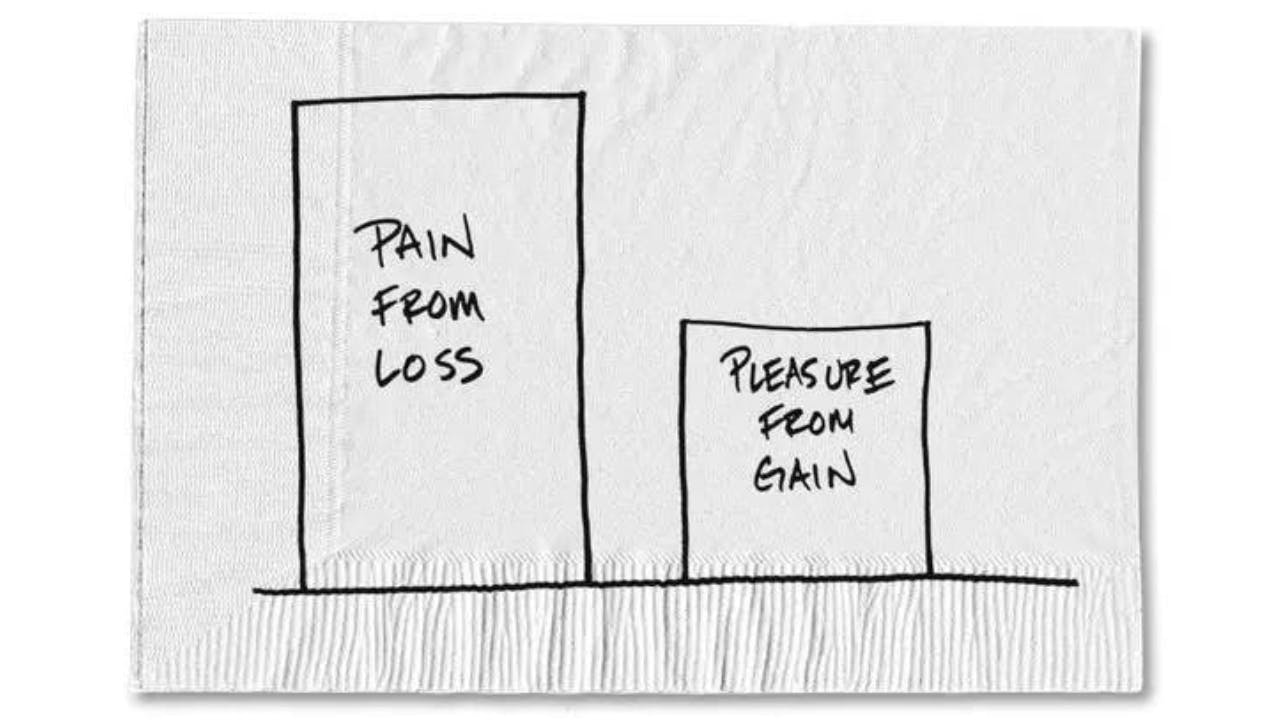 Napkin drawing of a chart showing a taller bar labeled “pain from loss” and a shorter bar labeled “pleasure from gain.