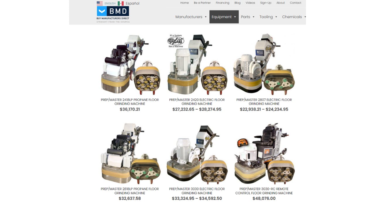 Screenshot of other floor grinding machines for sale on Buy Manufacturers Direct website.