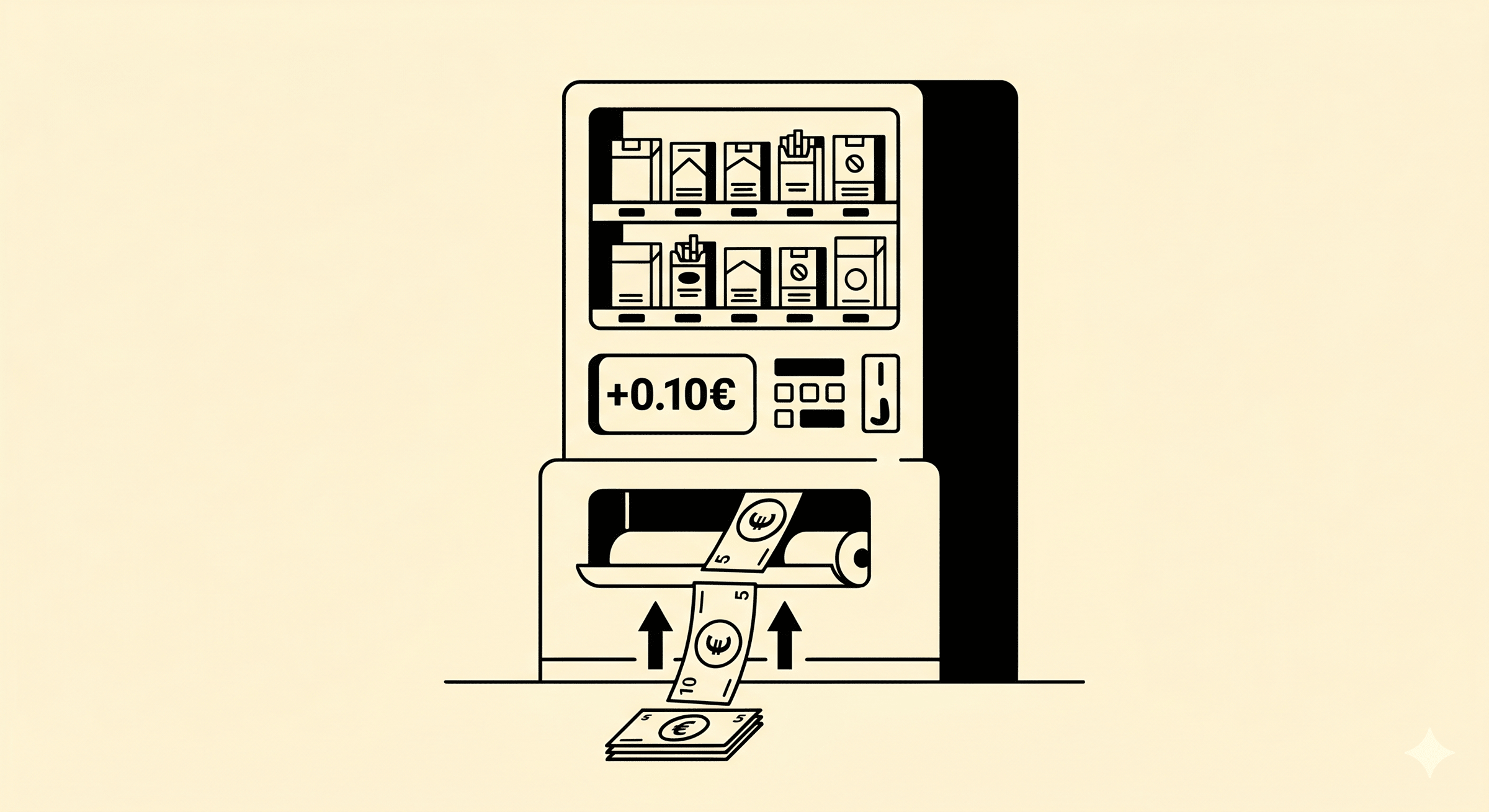 Une illustration minimaliste de style dessin au trait noir et blanc, sur un fond crème, montre un distributeur automatique vertical. L'appareil contient deux étagères de petits paquets avec des symboles graphiques abstraits (vapeur, motifs techniques). Un