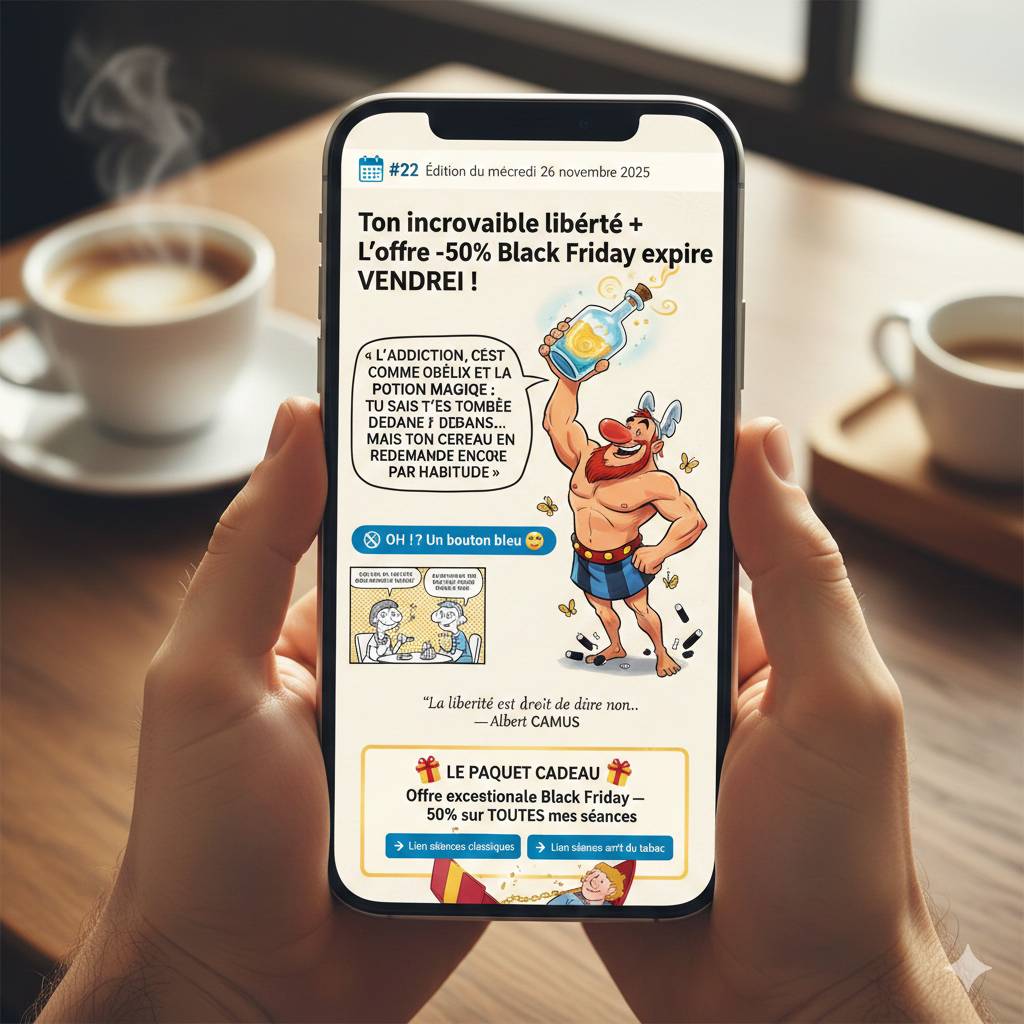 Un homme tient un smartphone affichant la newsletter "Mois Sans Tabac". L'écran montre un titre "Ton incroyable liberté + L'offre -50% Black Friday expire VENDREDI !". Au centre, une illustration de style bande dessinée montre Obélix, musclé, levant une f