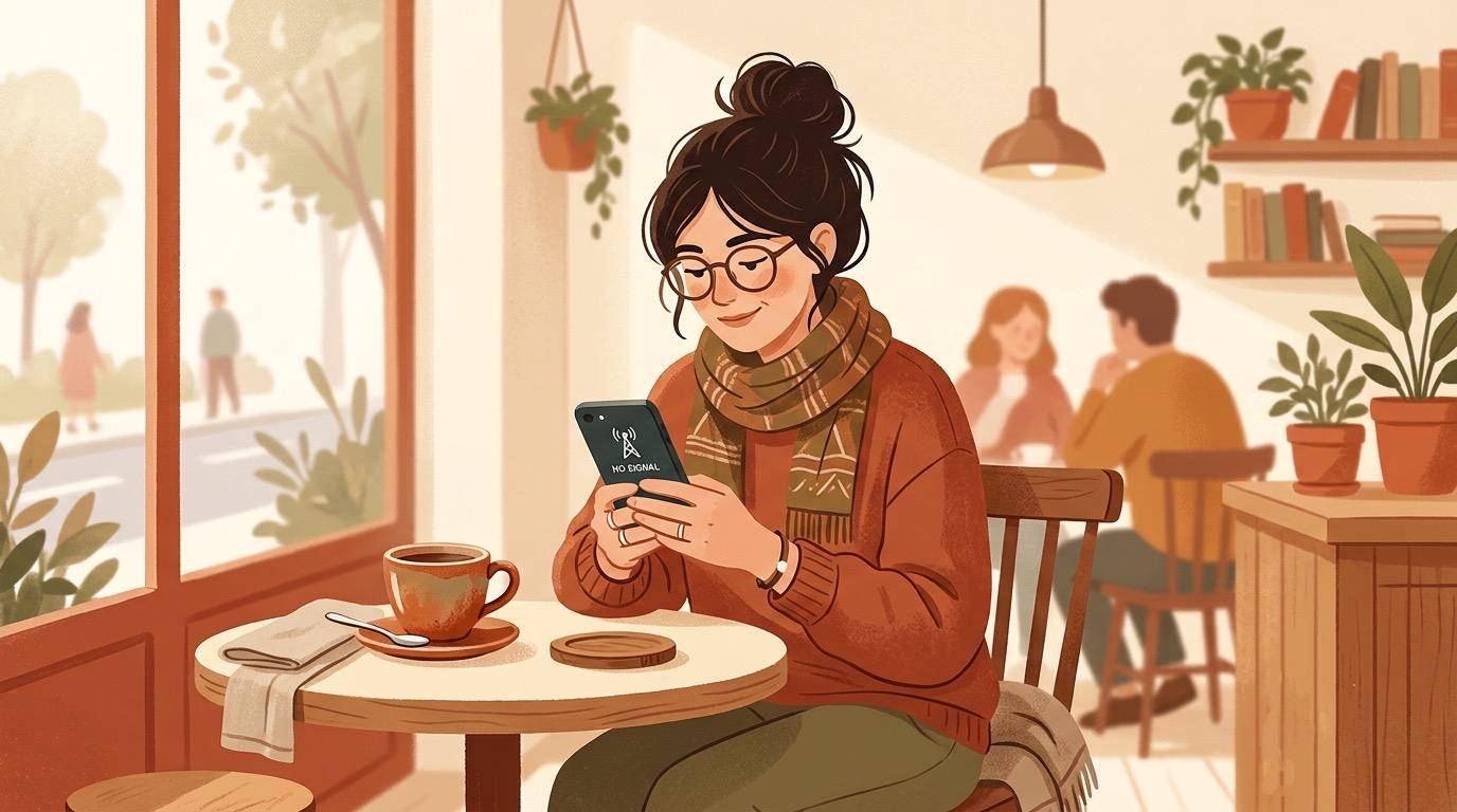 Une photographie réaliste et chaleureuse d'une jeune femme asiatique, portant des lunettes et un chignon bun, assise à une table ronde en bois dans un café confortable. Elle porte un pull en tricot orange rouille et une écharpe à motifs. Elle regarde avec