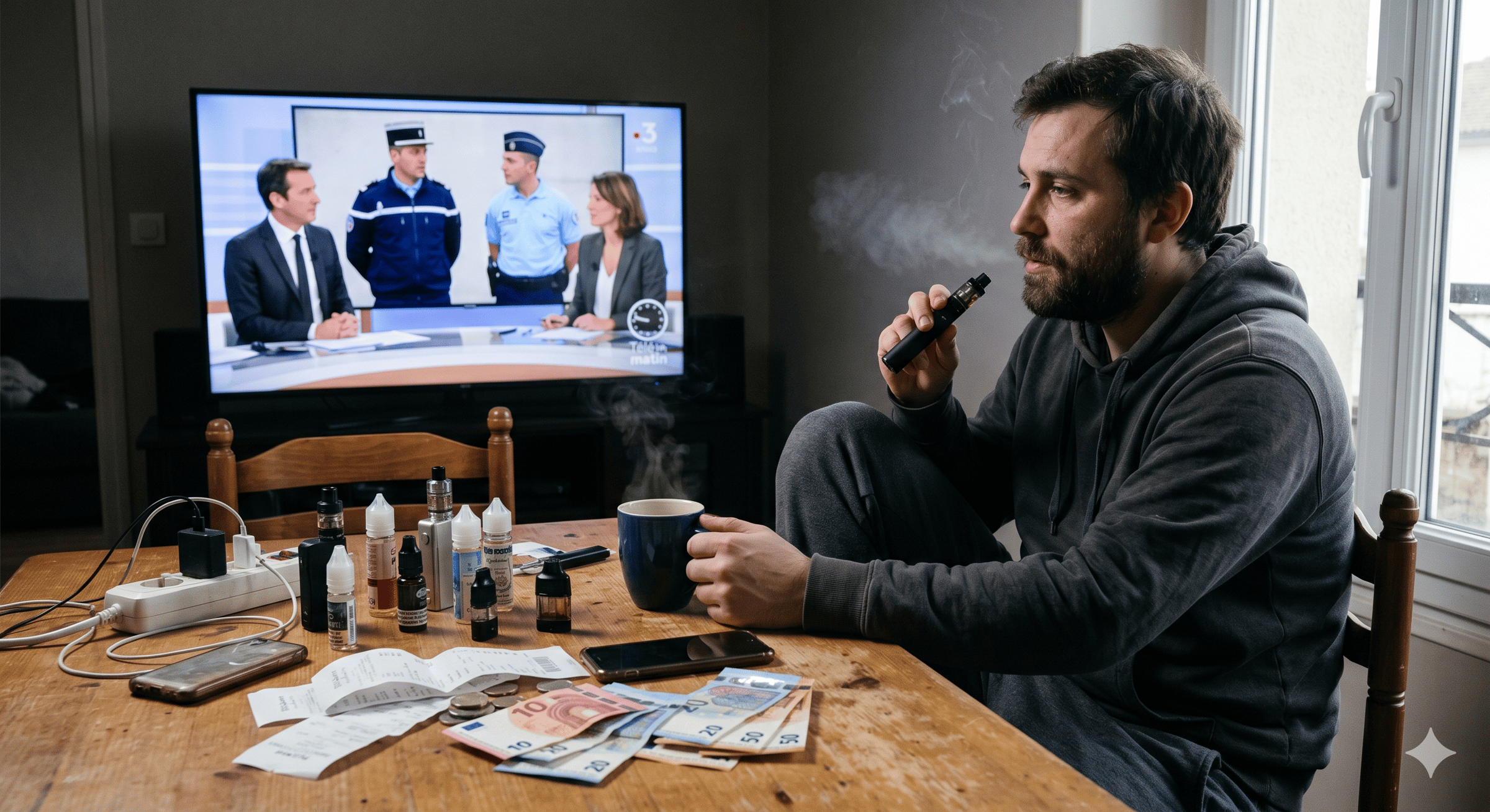 Une photographie réaliste montrant un homme barbu en sweat-shirt à capuche gris assis à une table en bois encombrée, expirant de la vapeur d'une cigarette électronique. Sa main tient un mug de café chaud. La table est couverte d'une collection de bouteill