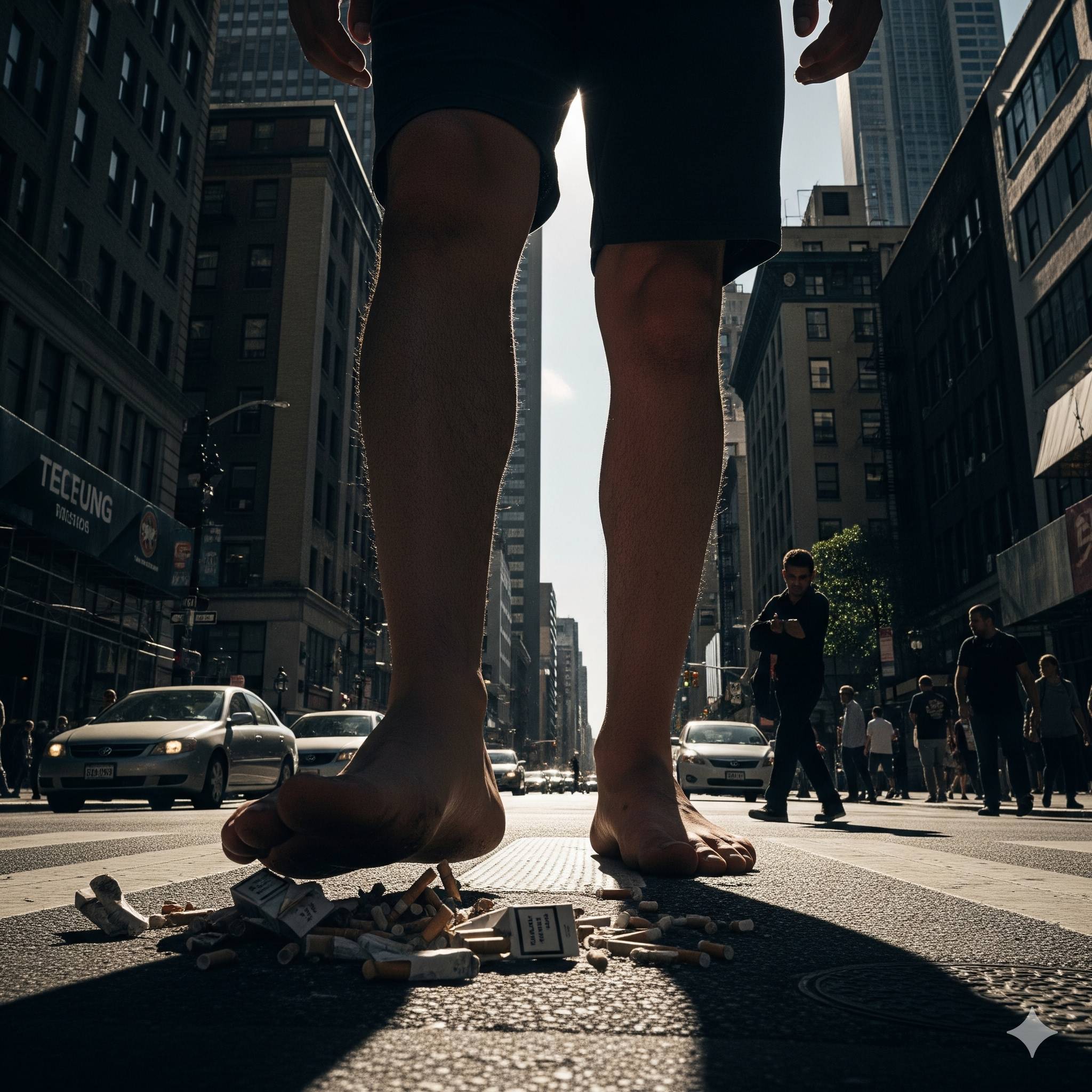 Un géant aux pieds nus, vu d'en bas, en train d'écraser des mégots de cigarettes sur un trottoir de ville animé. Des gratte-ciel et des voitures sont visibles en arrière-plan.