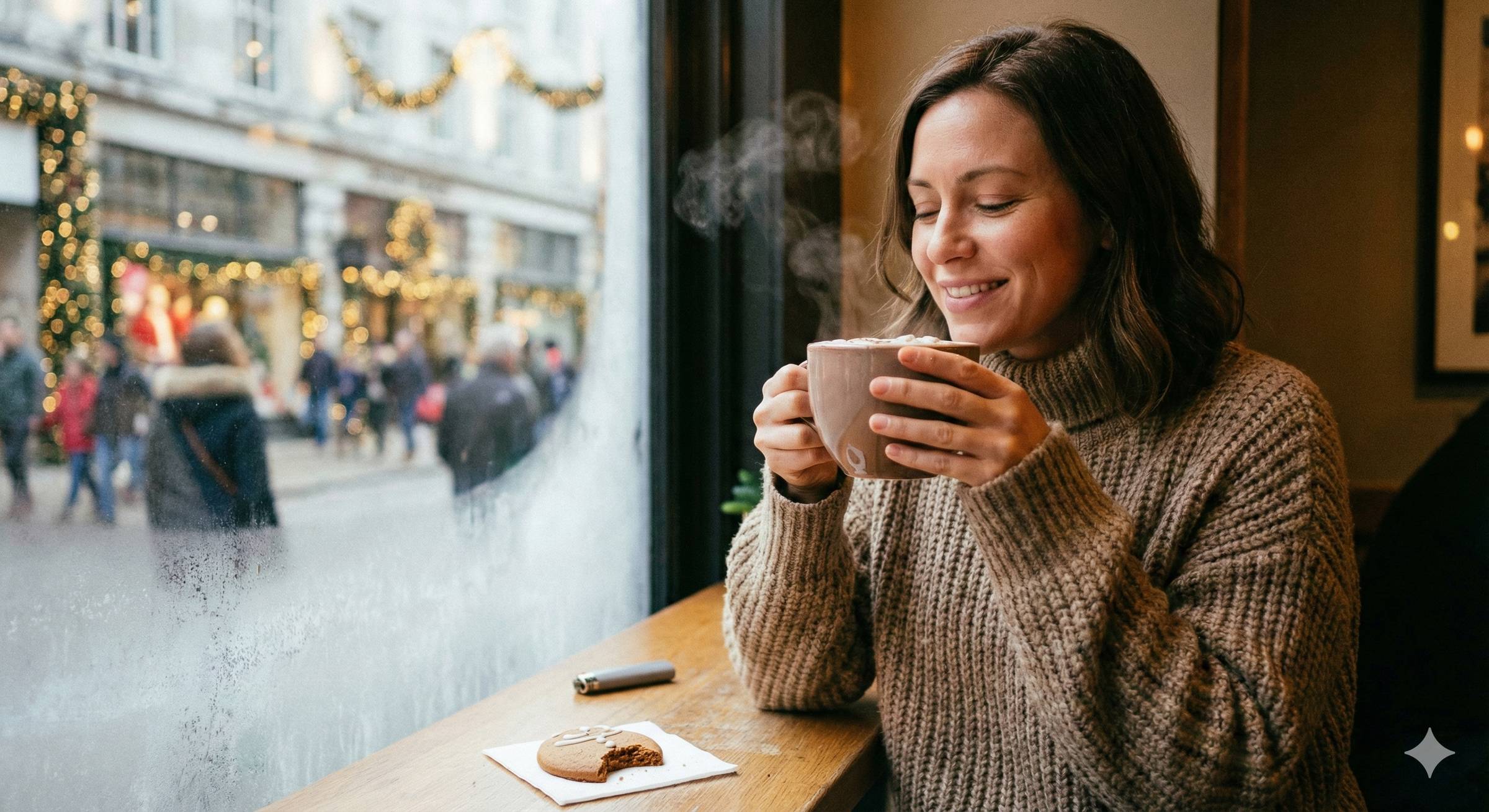 Une femme souriante dans un pull douillet savoure une boisson chaude fumante dans un café, assise près d'une fenêtre donnant sur une rue décorée pour Noël. Un biscuit et un briquet sont posés sur la table devant elle, illustrant une pause détente
