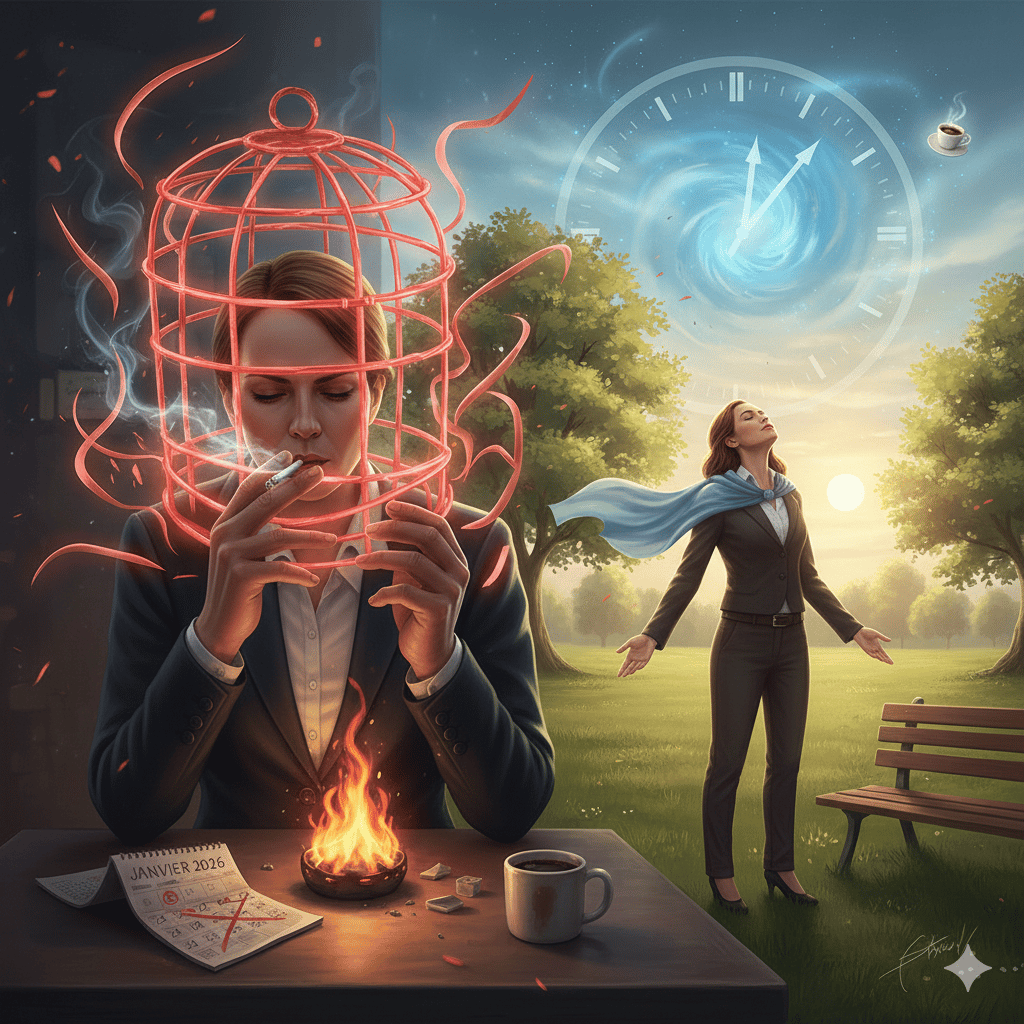 Illustration en deux scènes : à gauche, une femme en costume fume une cigarette enfermée dans une cage rouge symbolisant la pression et la culpabilité, avec un calendrier de janvier posé sur la table ; à droite, la même femme libérée, debout dans un parc 