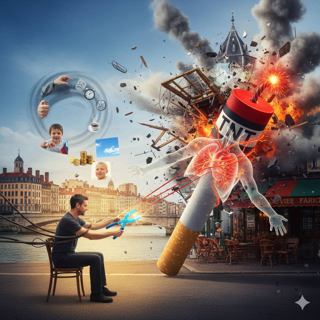 Un homme est assis, déminant une cigarette géante en forme de dynamite qui explose un bâtiment en arrière-plan. Des liens le retiennent à la cigarette, symbolisant l'addiction, tandis que des images de famille, de bien-être et de temps s'échappent de son 