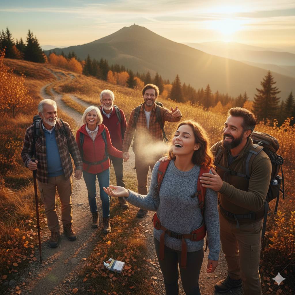 Un groupe de randonneurs souriants dans un paysage d'automne montagneux au coucher du soleil. La femme au premier plan respire profondément, l'air frais s'échappant de sa bouche