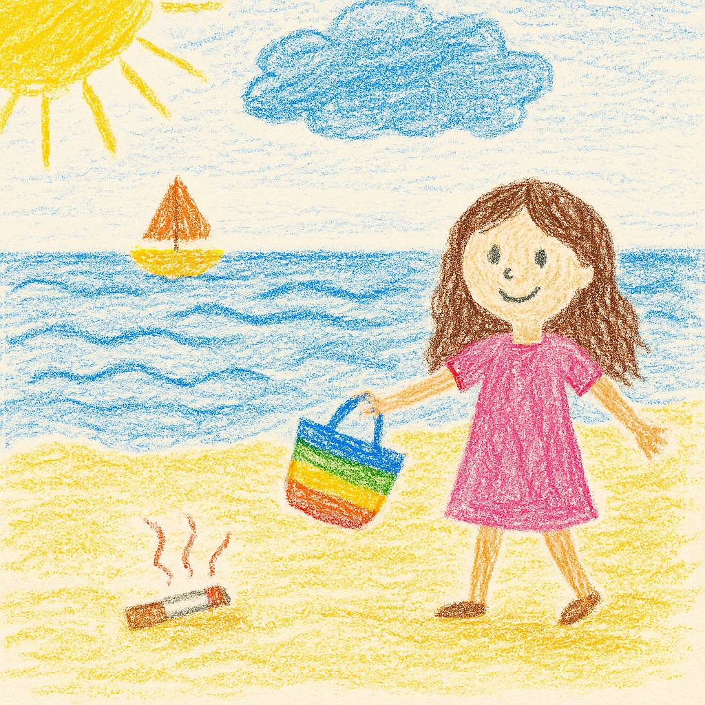 Elle représente une femme souriante sur une plage, avec son sac de vacances rempli de souvenirs lumineux, et un paquet de cigarettes abandonné sur le sable. Le style enfantin donne une touche d’innocence et d’espoir, parfaite pour accompagner ton message 