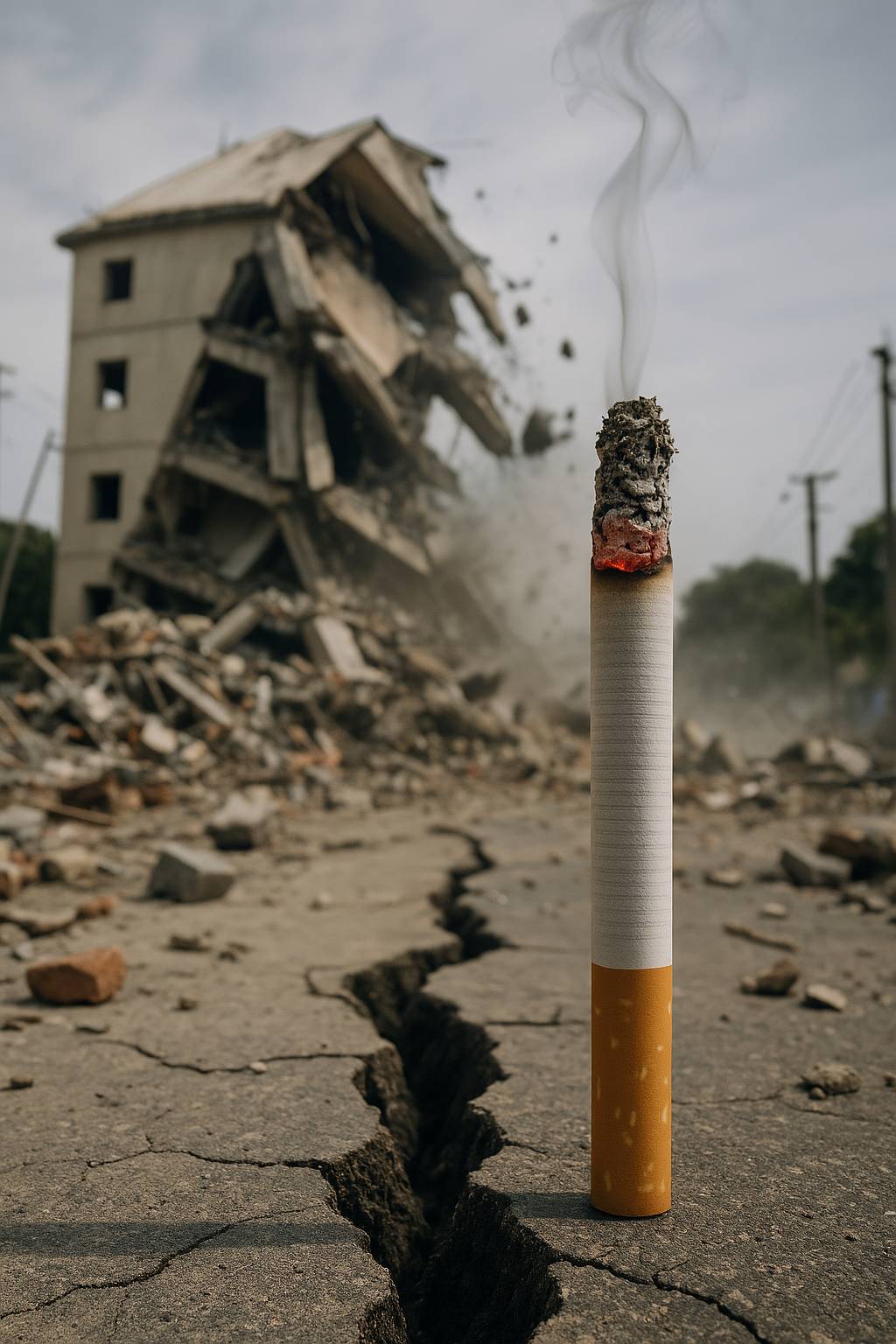 Un ville dévastée par un séisme : les bâtiments s'écroulent, de grosses fissurent apparaissent sur le sol et au premier plan un cigarette allumée