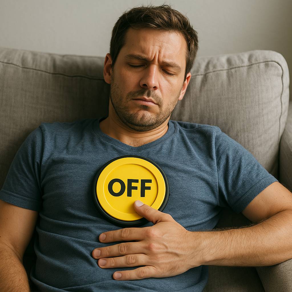 "Illustration d’un concept de relaxation et de lâcher-prise : une personne appuie sur un bouton imaginaire situé sur son corps, symbolisant l’activation du mode 'OFF'. L’ambiance visuelle évoque le calme et la détente, avec des tons apaisants et une mise 