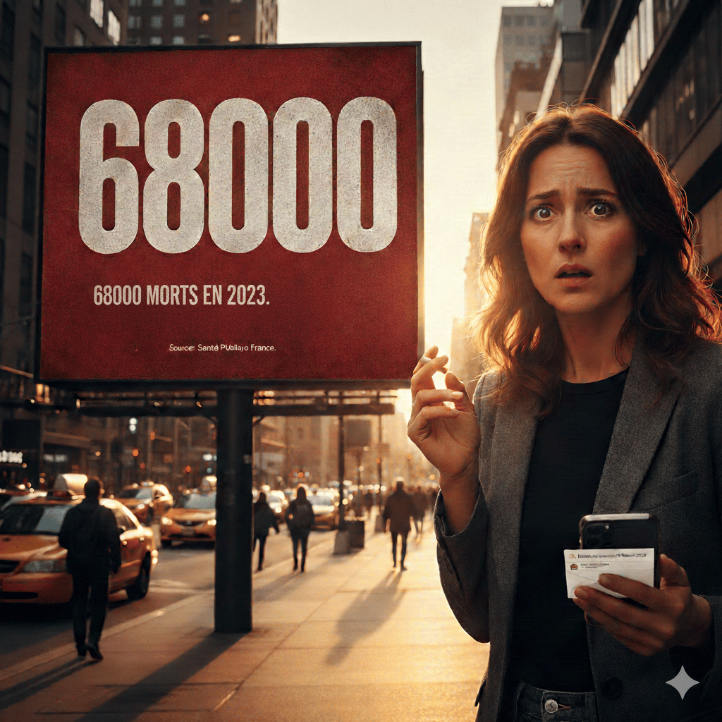 Photographie ultra-réaliste d'une femme d'une trentaine d'années dans une rue animée au coucher du soleil. Elle exprime une profonde stupéfaction, la bouche entrouverte et les sourcils levés. Dans sa main droite, elle tient une cigarette allumée dont s'éc