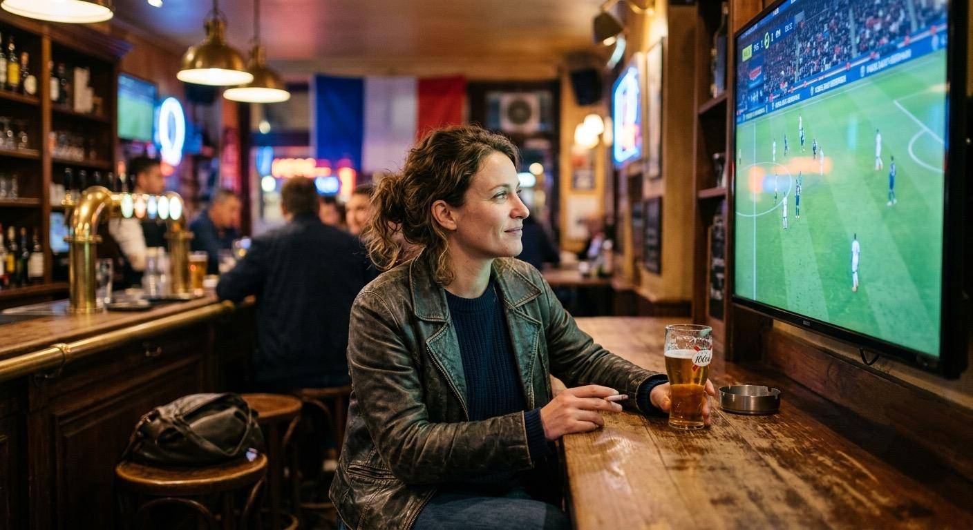Une femme dans la trentaine assise seule dans un bar, devant un grand écran de télé qui diffuse un match de foot. Elle tient une cigarette éteinte à la main mais elle regarde l'écran avec une expression à mi-chemin entre l'amusement et la prise de conscie