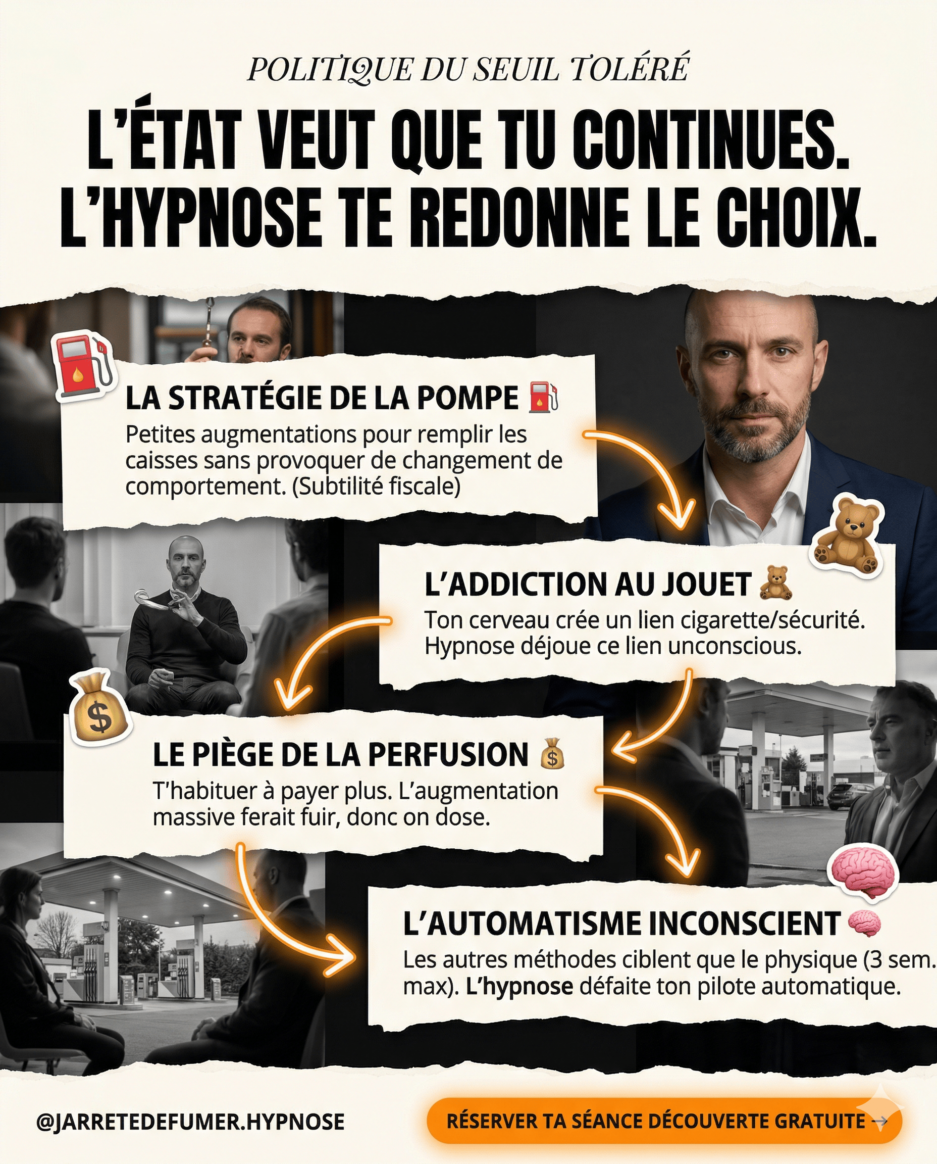 Une infographie marketing d'arrêt du tabac pour le service @JARRETEDEFUMER.HYPNOSE. Le titre principal en haut déclare : "L'ÉTAT VEUT QUE TU CONTINUES. L'HYPNOSE TE REDONNE LE CHOIX.". Le visuel montre des photographies de Mickaël Coupat (un homme en cost