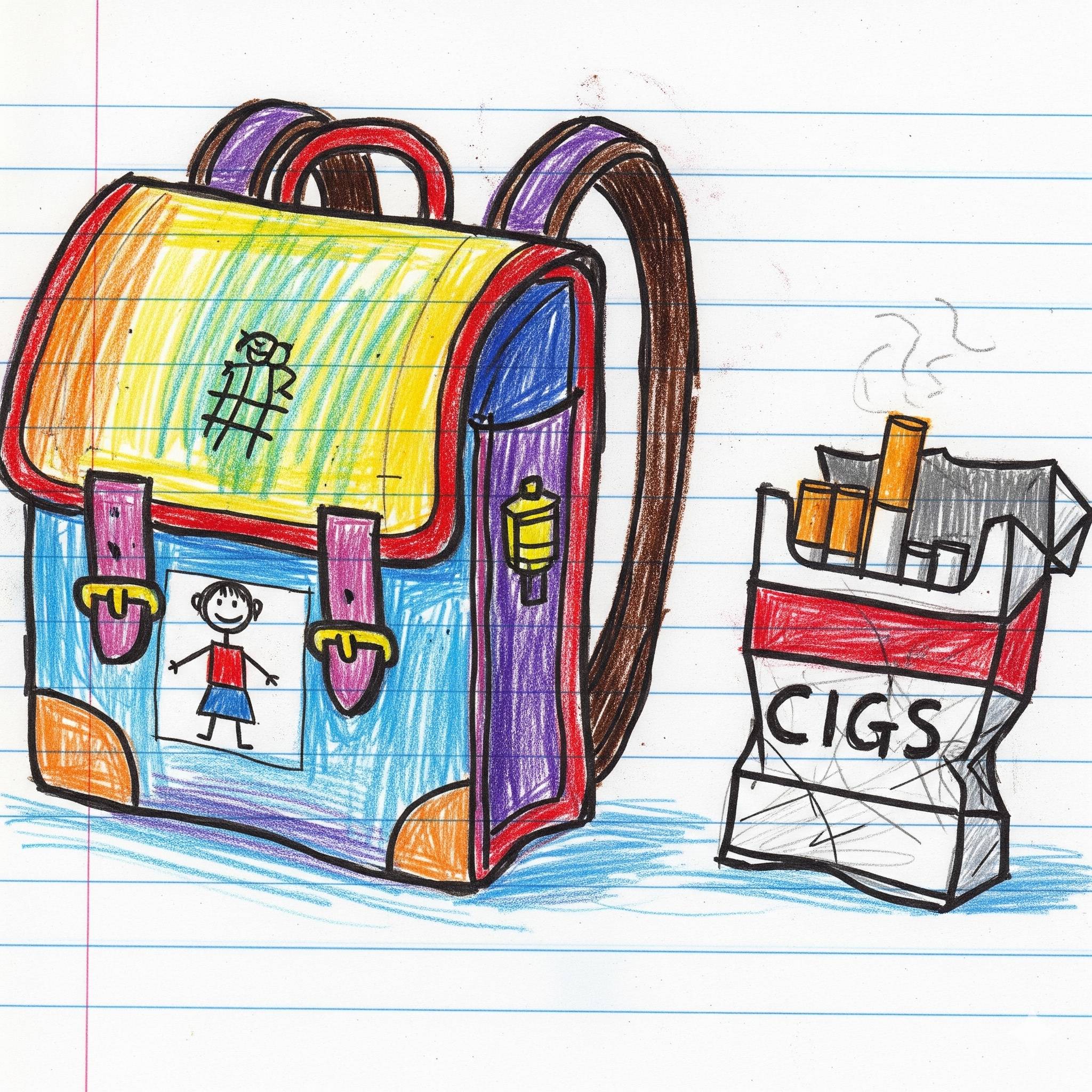 Un dessin d'enfant brouillon d'un cartable et d'un paquet de cigarettes froissé à côté.
