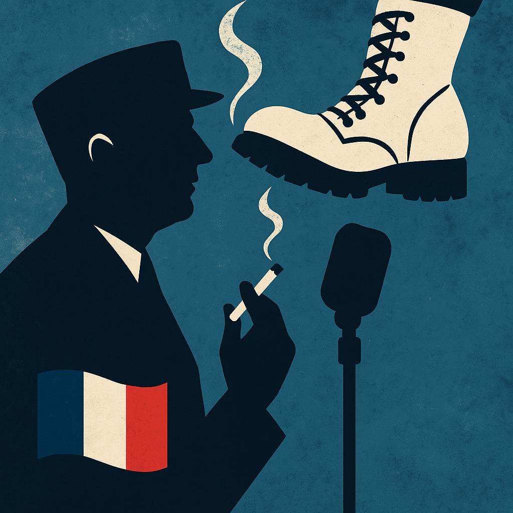 Un micro vintage suspendu dans un halo de lumière douce, comme flottant dans le vide. Autour, une brume légère et stylisée, qui semble faite de pensées, de symboles d'inspiration (éclairs, nuages, engrenages, étoiles…), flottant dans l’air comme des idées