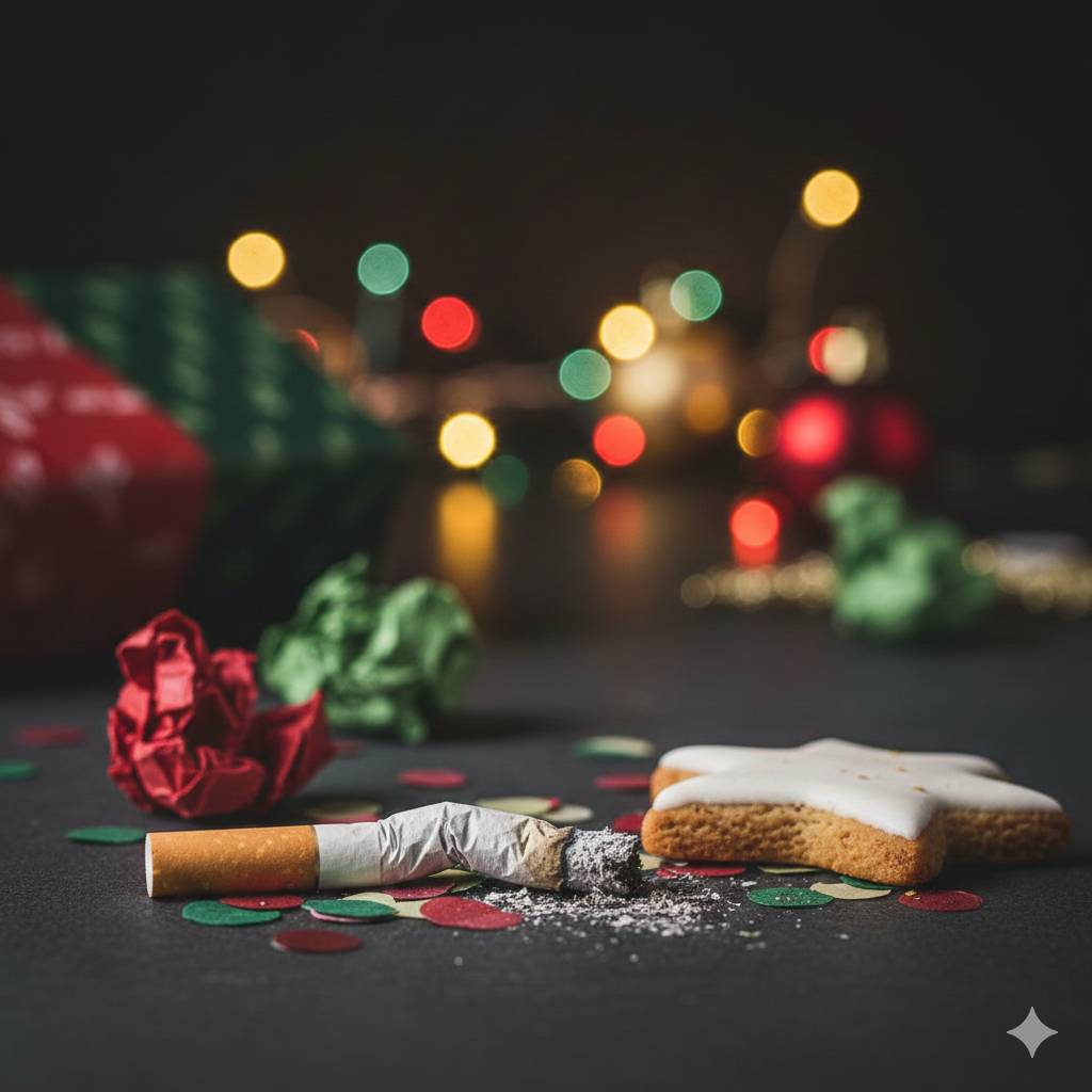 Photographie réaliste en gros plan sur une surface sombre. Au premier plan, un mégot de cigarette écrasé avec de la cendre côtoie un biscuit de Noël en forme d'étoile avec un glaçage blanc. En arrière-plan, une atmosphère de fête floue (bokeh) laisse appa