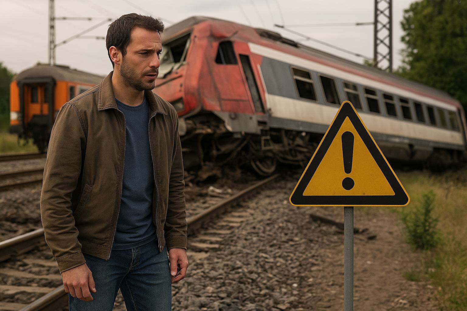 L’illustration montre un train à grande vitesse déraillé sur une voie ferrée, en pleine campagne. La locomotive est couchée sur le flanc, fumante, avec des wagons dispersés derrière elle. Le ciel est gris, lourd, presque orageux — comme une ambiance de dr