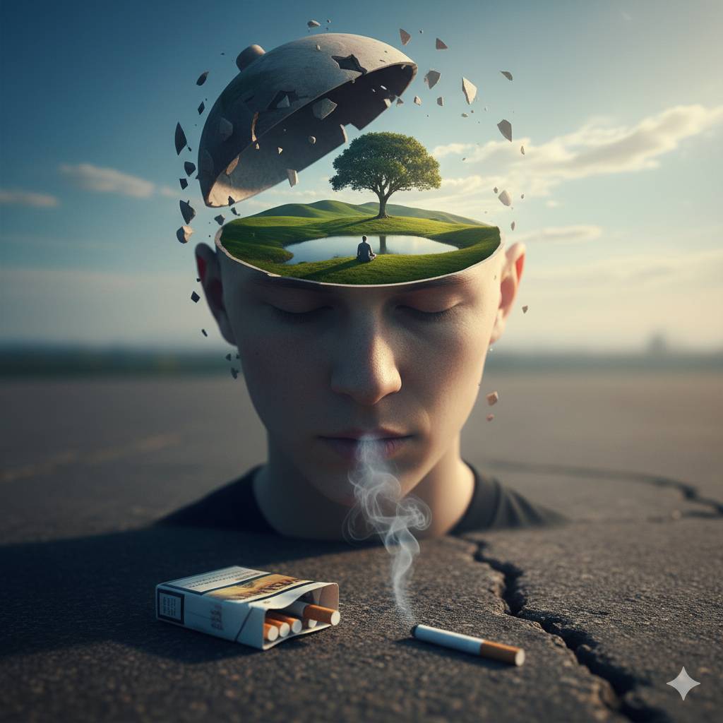 Un homme avec le crâne ouvert révélant un paysage verdoyant et serein avec un lac et un arbre, symbolisant la paix intérieure. Au premier plan, une cigarette fumante à côté d'un paquet, contrastant avec l'image mentale de calme
