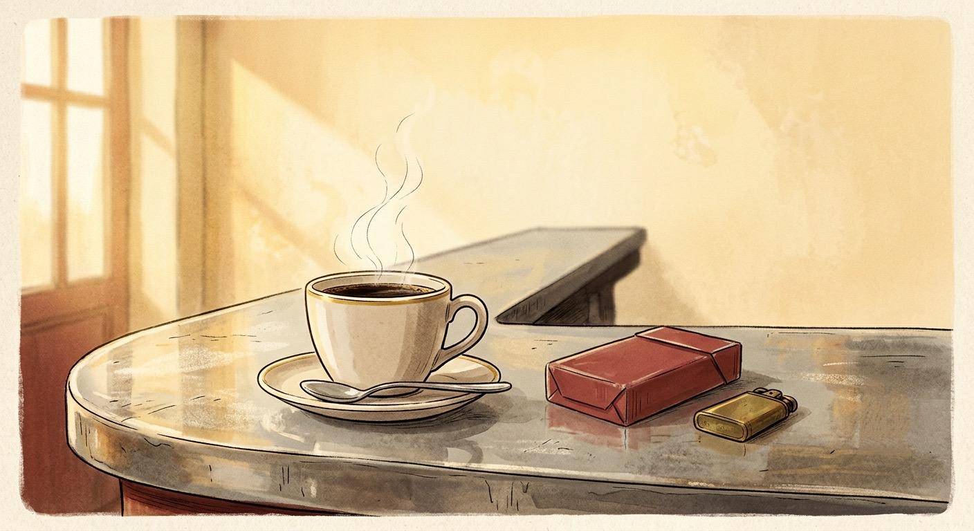 Une illustration texturée au style d'aquarelle et dessin au trait, représentant un coin de comptoir de café en zinc brillant baigné de lumière matinale dorée. Sur le comptoir se trouvent une tasse de café blanche à bord doré fumante, une soucoupe et une p