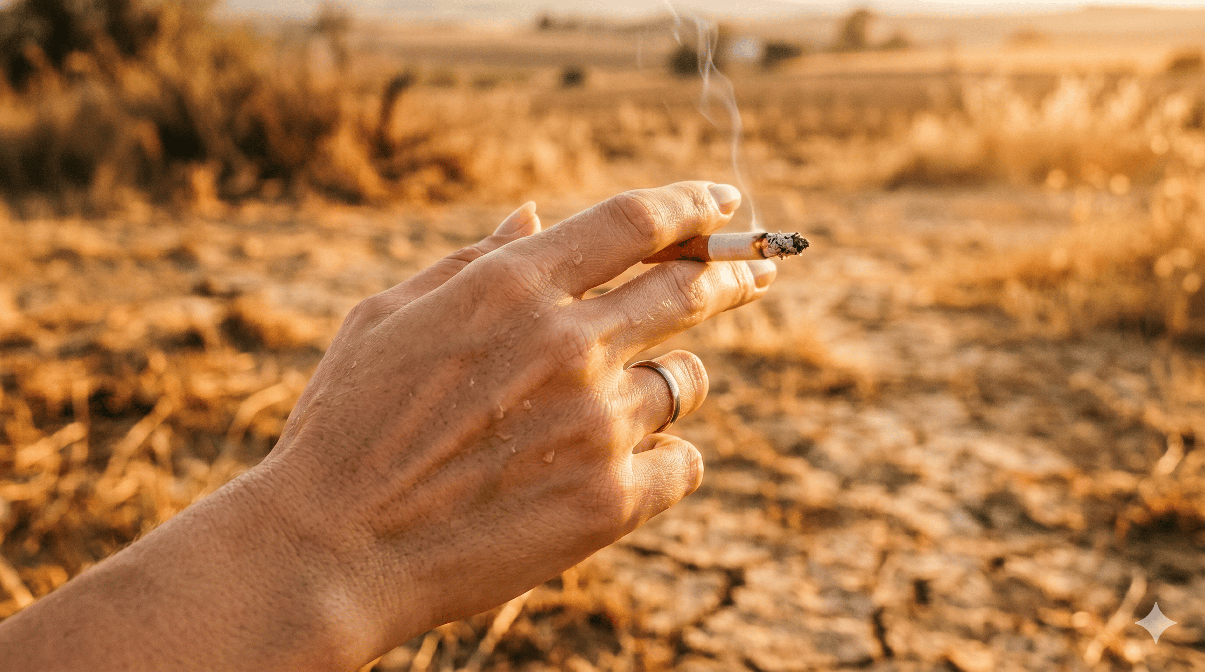 Gros plan détaillé sur la main délicate et soignée d'une femme, à la peau plus douce et aux doigts plus longs que dans l'image d'origine. La main, ornée de gouttes de sueur réalistes sur la peau plus lisse, tient une cigarette allumée entre l'index et le 