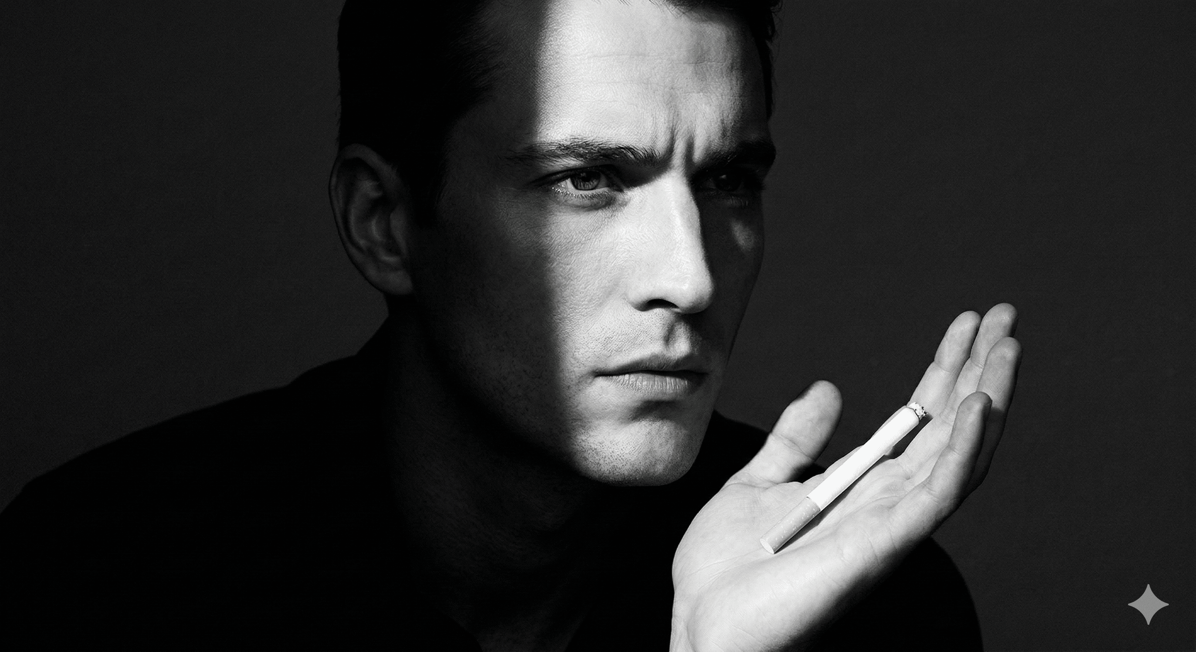 Un portrait de style éditorial en noir et blanc à fort contraste montre un homme au regard sérieux, le visage partiellement éclairé par une bande de lumière nette. Il tient une cigarette allumée dans sa paume ouverte