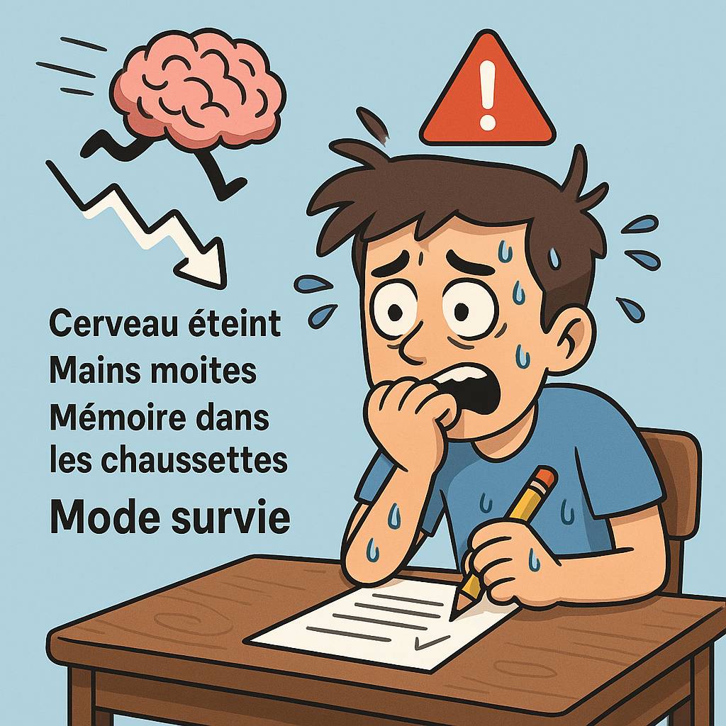 Un élève stressé à son bureau qui sue de grandes gouttes devant sa feuille d'examen