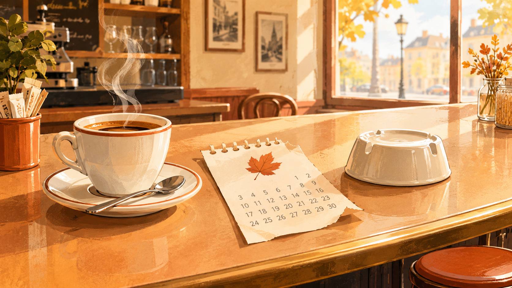 Warm editorial illustration of a cozy French café counter on a Wednesday morning, a steaming coffee cup next to a torn-off November calendar page, an empty clean ashtray turned upside down, soft cream background (#FFF7E4), terracotta and warm brown accent